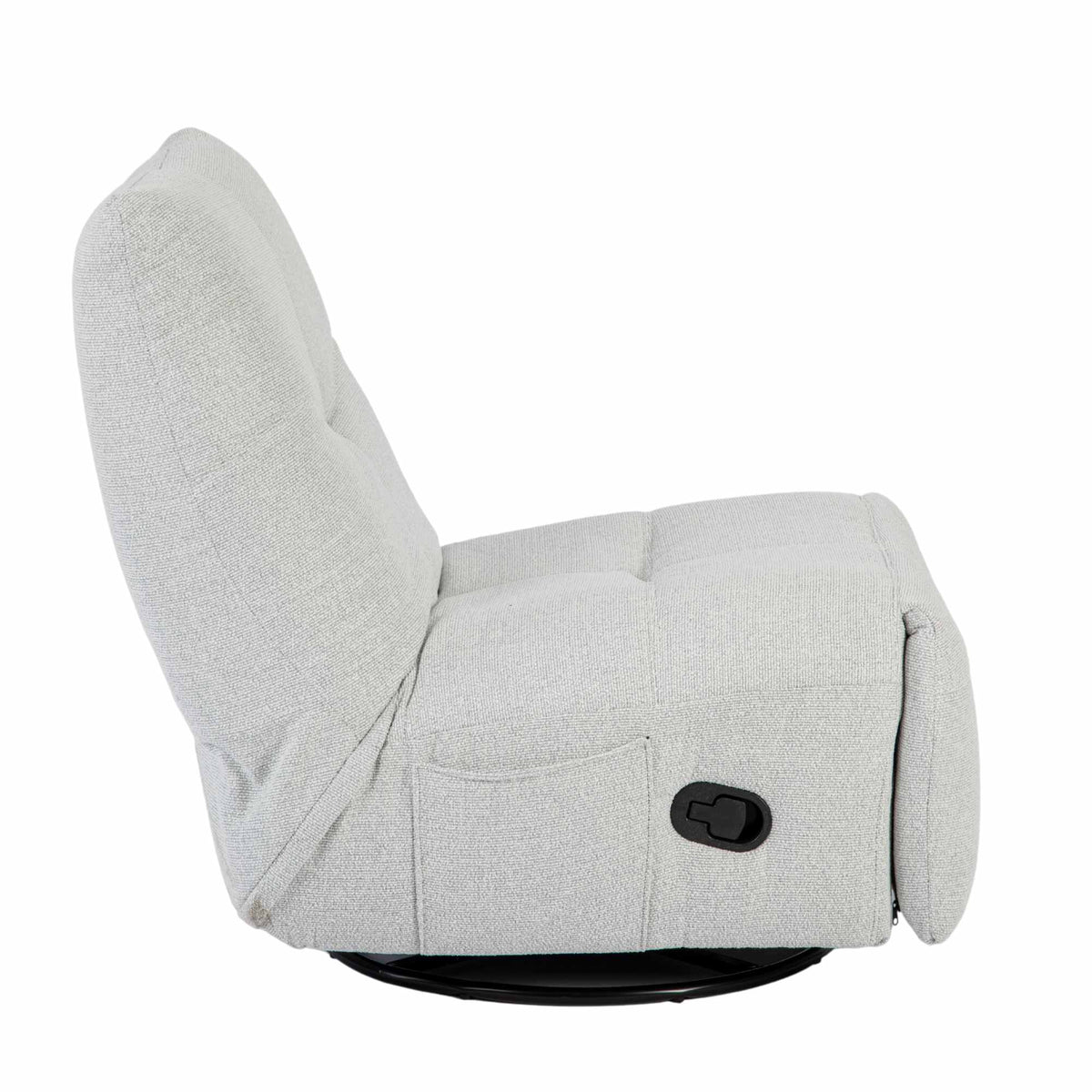 Lichtgrijze relaxfauteuil met uitgeklapte zitting en ronde zwarte voet