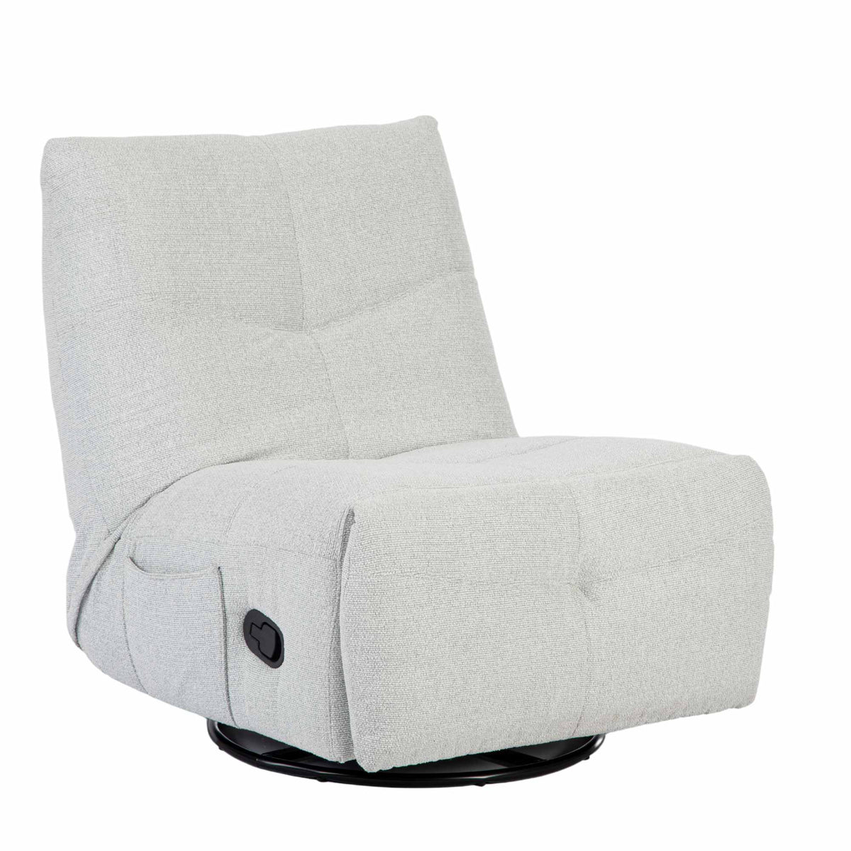 Lichtgrijze relaxfauteuil met voetensteun omhoog en verstelknop aan de zijkant