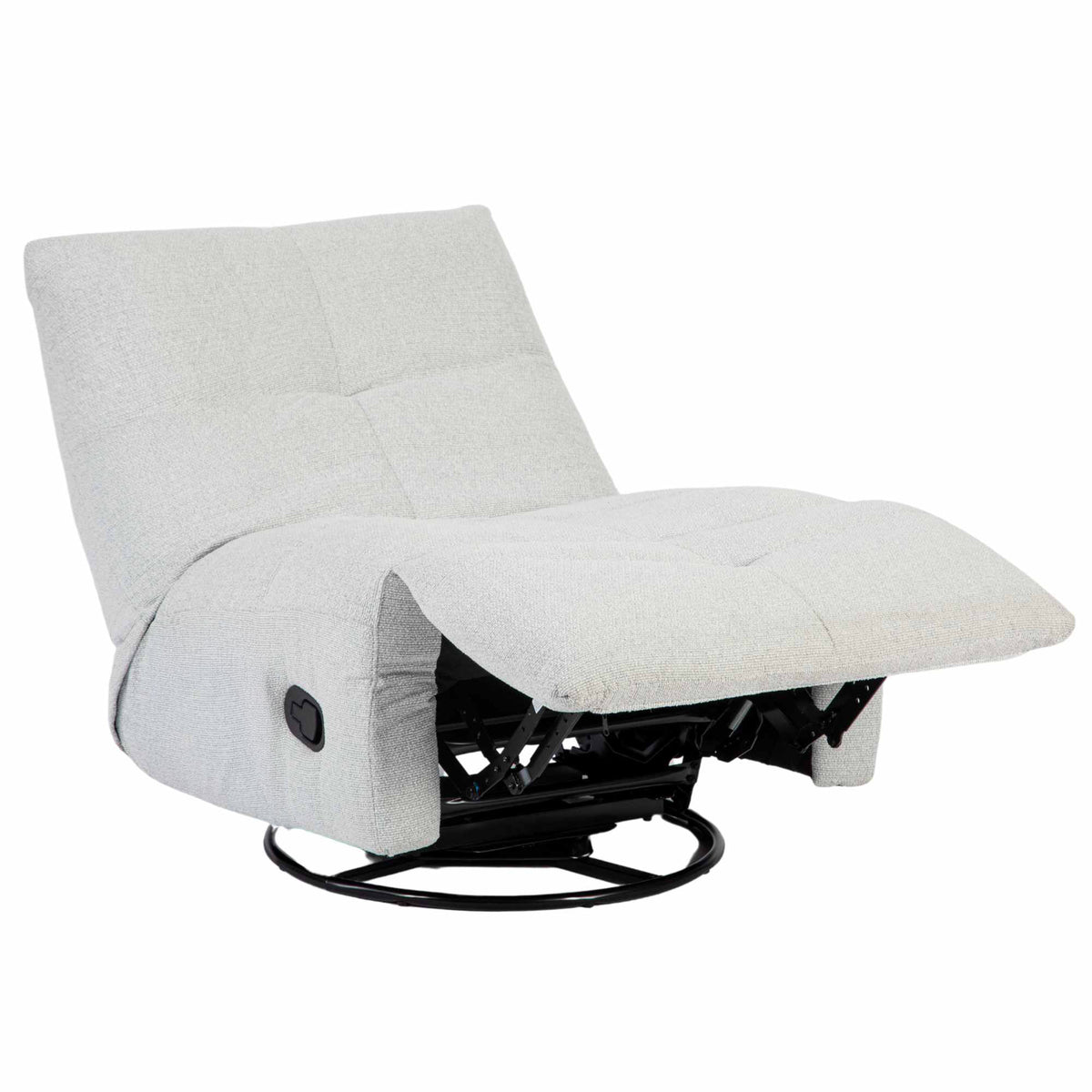 Lichtgrijze relaxfauteuil met open voetensteun en zichtbare onderconstructie