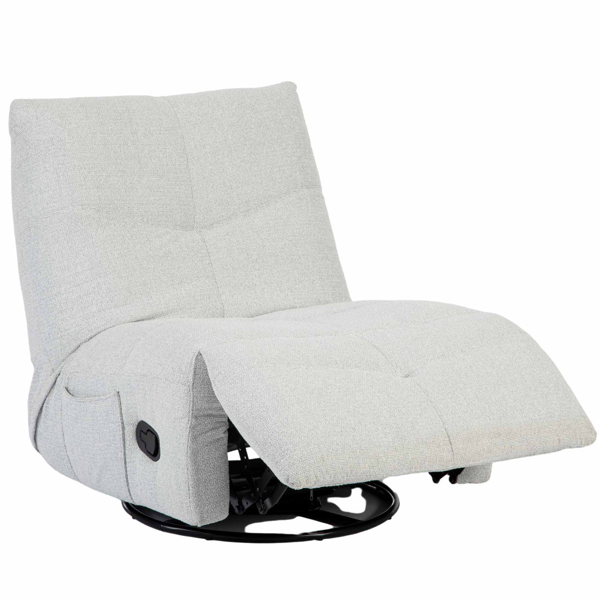 Lichtgrijze relaxfauteuil met voetensteun uit en ronde draaibare onderzijde