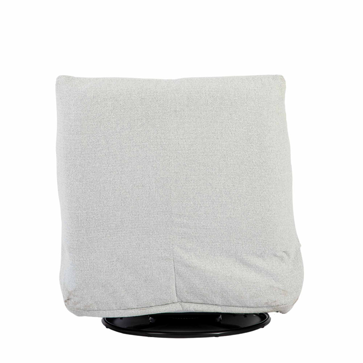 Lichtgrijze relaxfauteuil met hoge rugleuning en ronde draaivoet