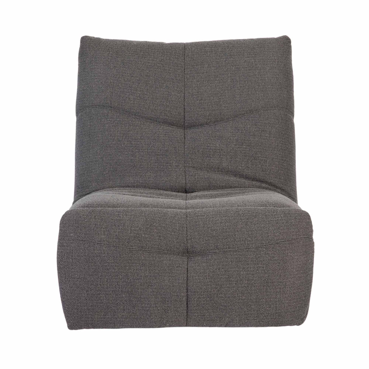 Relaxfauteuil Lazy in donkergrijze stof, met hoge rugleuning en lage armleuningen.