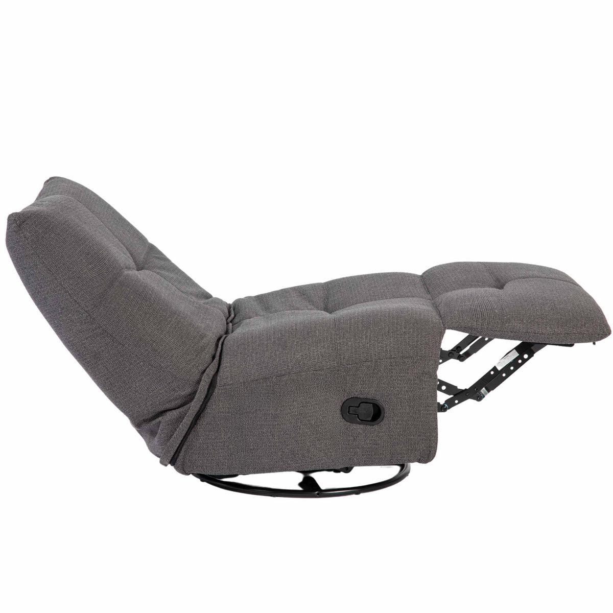 Relaxfauteuil Lazy in donkergrijs met neerklapbare voetensteun en zichtbaar scharniermechanisme.