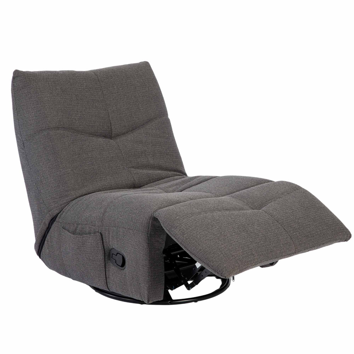 Relaxfauteuil Lazy in donkergrijs, ligstand met opklapbare voetensteun en dikke kussens.