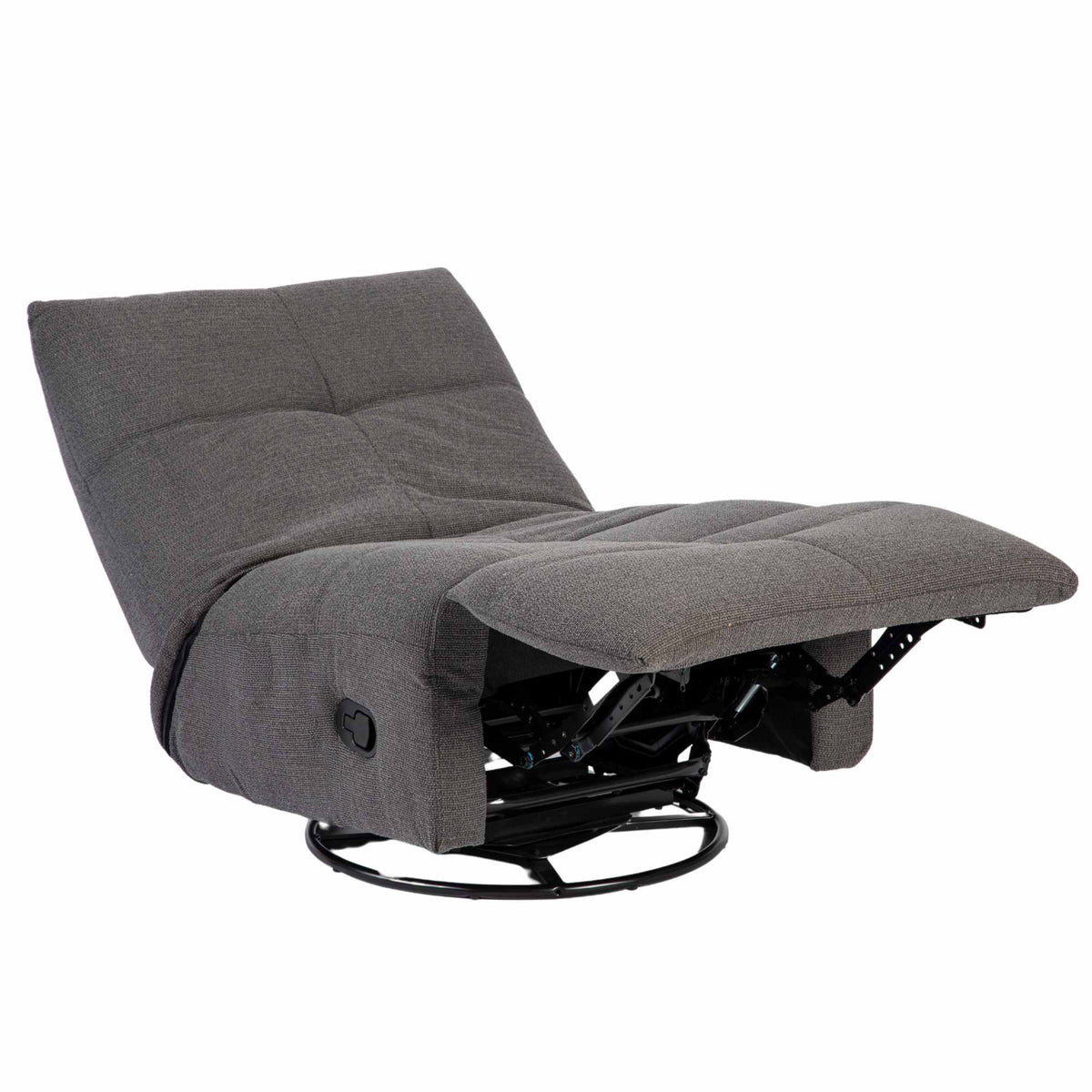 Relaxfauteuil Lazy in donkergrijze stof, ligstand met voetensteun en ronde zwarte basis.