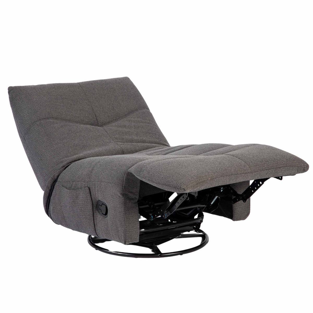 Relaxfauteuil Lazy in donkergrijze stof, ligstand met zichtbare zwarte onderconstructie en voetensteun.