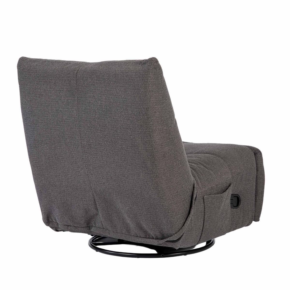 Relaxfauteuil Lazy in donkergrijze stof, zijaanzicht met opstaande rug en zwarte draaibasis.