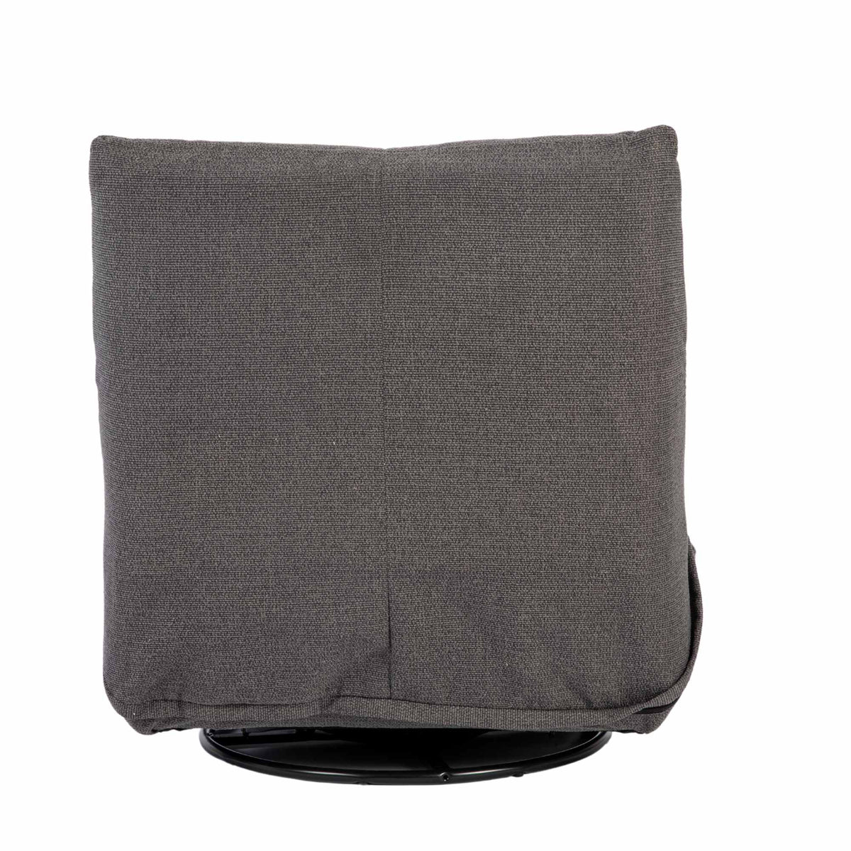 Relaxfauteuil Lazy in donkergrijze stof, achteraanzicht met gevoerde rug en ronde voet.