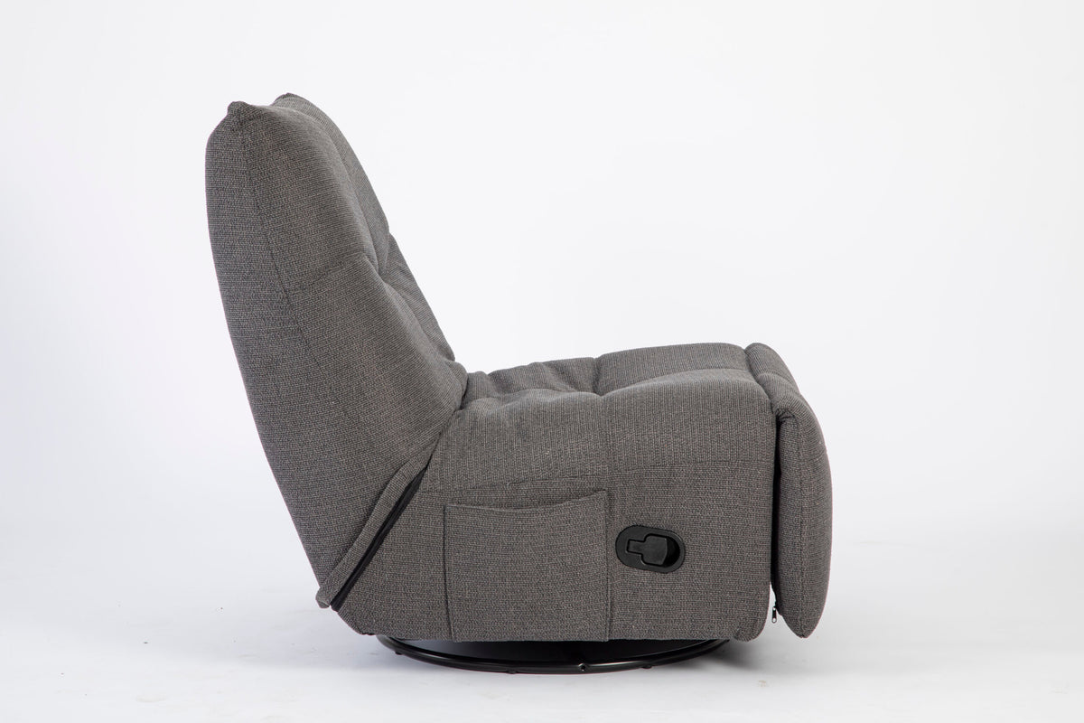 Donkergrijze relaxfauteuil met ingeklapte rug, voetensteun uit en ronde draaivoet.