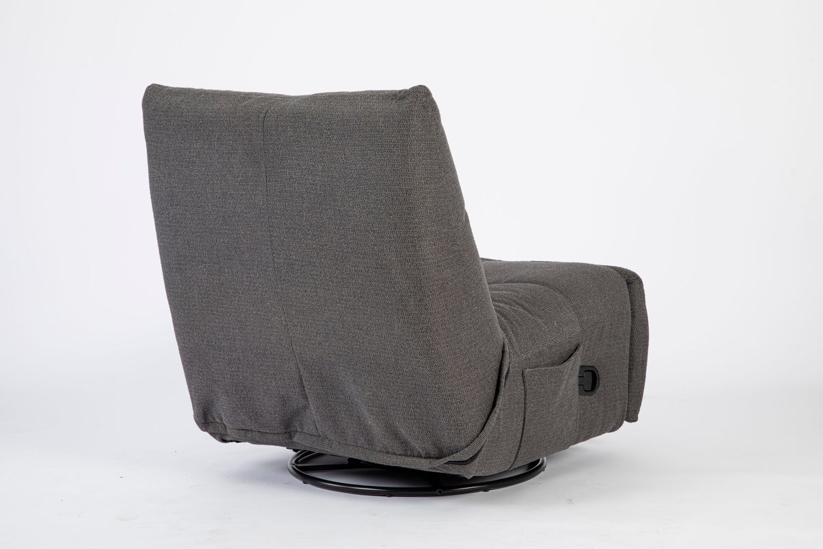 Donkergrijze relaxfauteuil met hoge rug en opstaande arm, voetensteun naar voren.