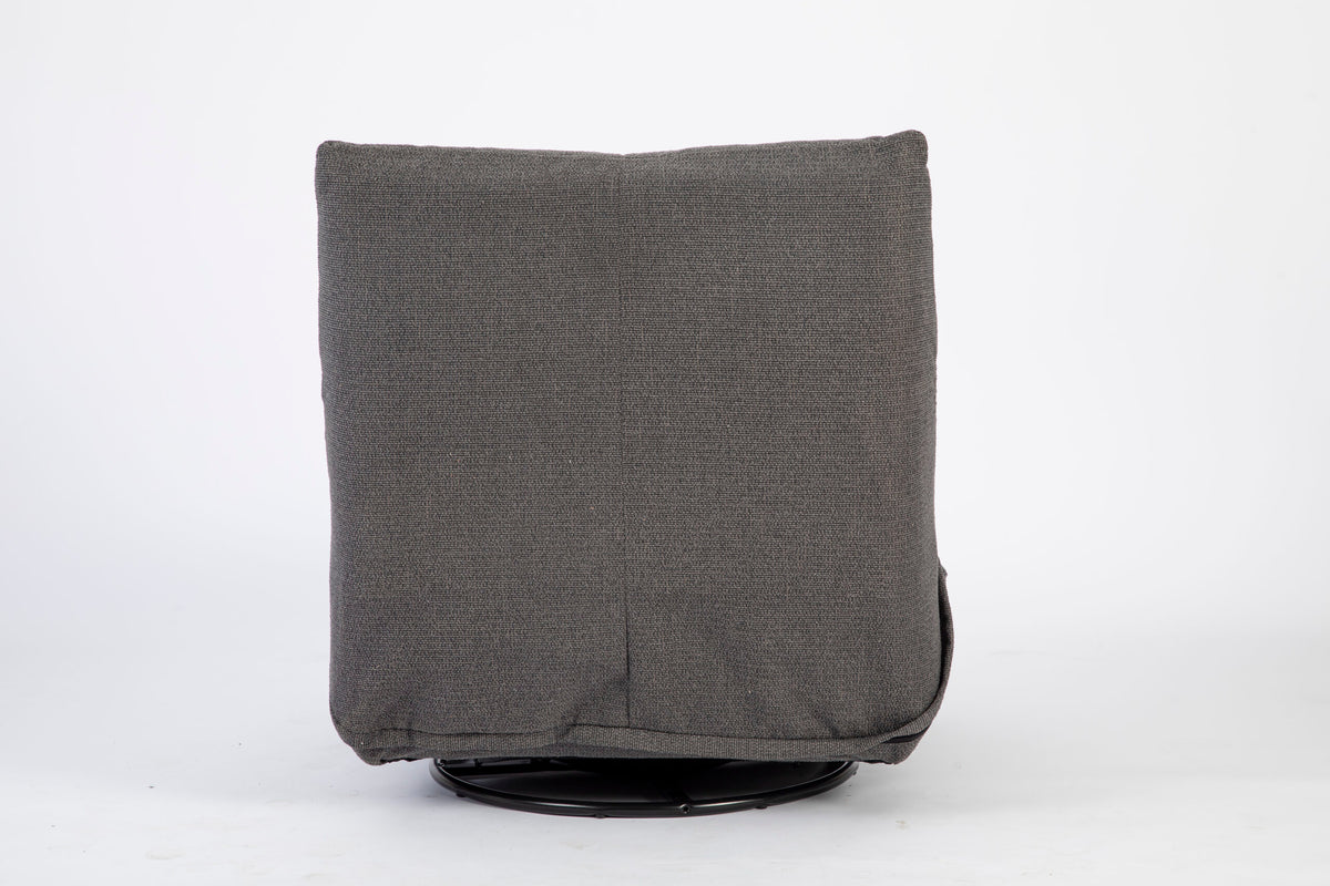 Donkergrijze relaxfauteuil rugzijde met verticale middennaad en ronde draaivoet.