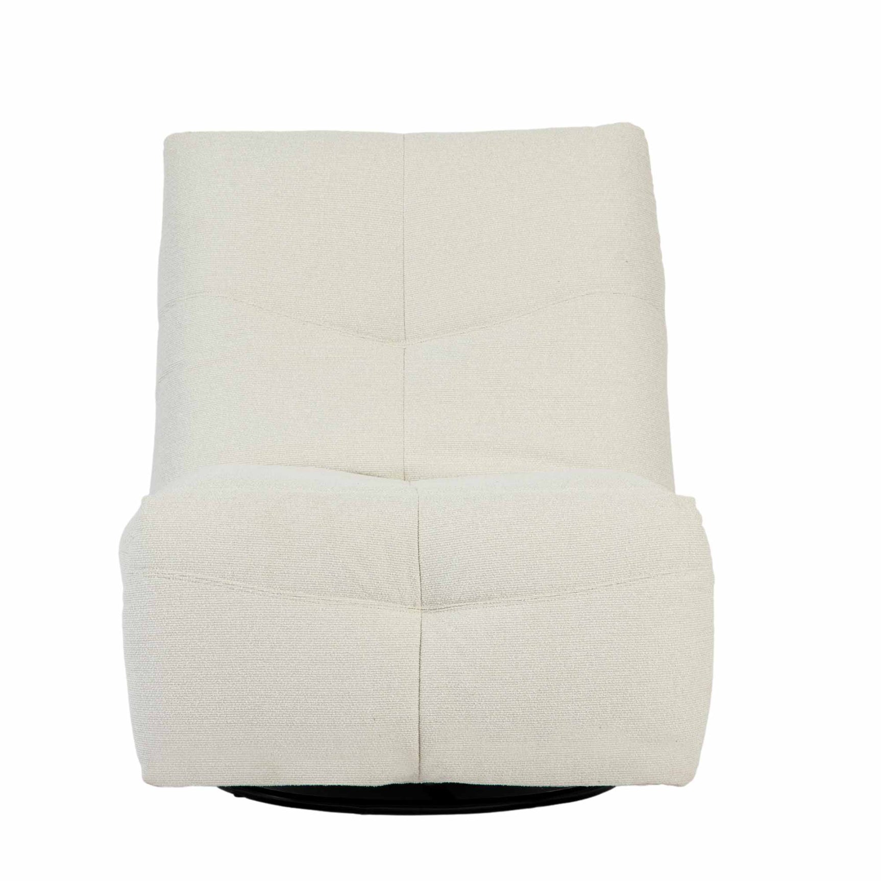 Relaxfauteuil Lazy lichtbeige stof met hoge rug en gevoerde zit, zwarte draaibasis.