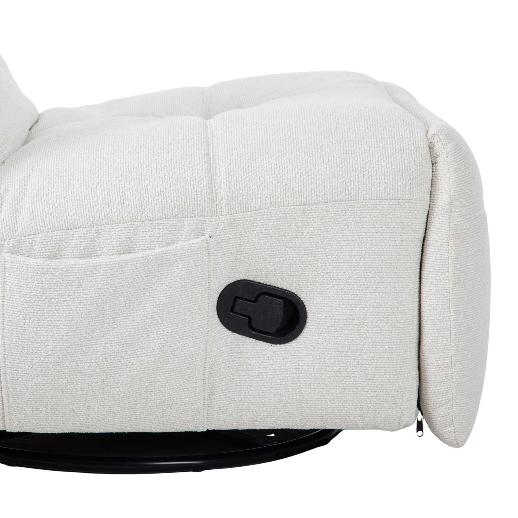 Witte fauteuilarm met zwarte bedieningsknop en zichtbare scharnierlijn