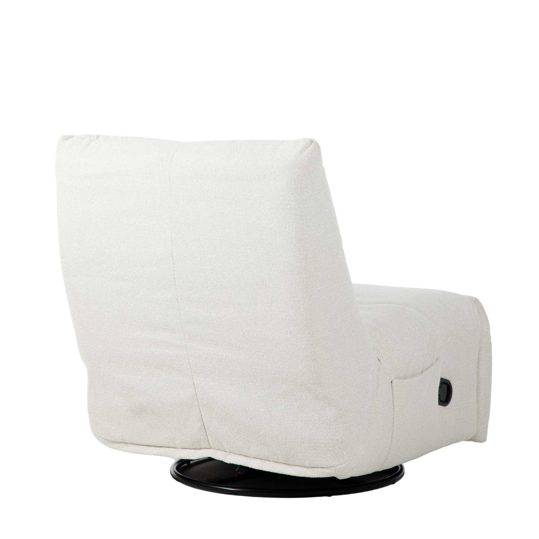 Relaxfauteuil met witte stof, hoge rugleuning, afgeronde zijkant en zwarte bedienknop
