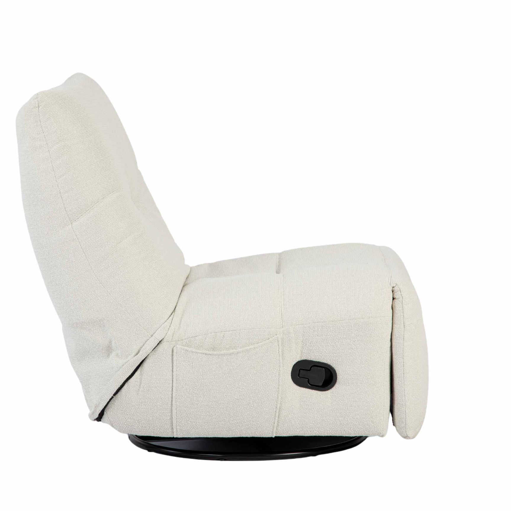 Relaxfauteuil met witte stof, ligstand met opklapbare rug en zwarte bedienknop