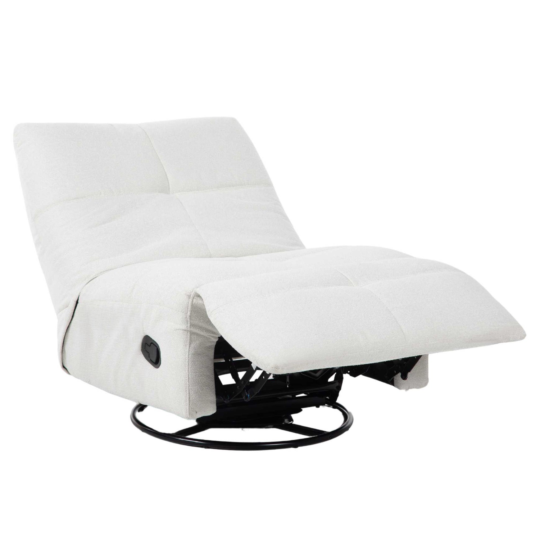 Relaxfauteuil met verstelbare voetensteun, lichtgekleurde stof en zwart metalen draaiplateau.