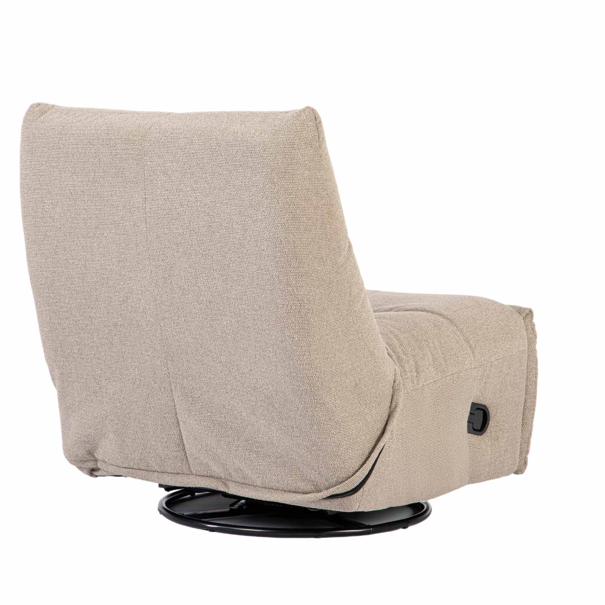 Taupe relaxfauteuil met opklapbare zitting, afgeronde rug en zwarte draaibasis