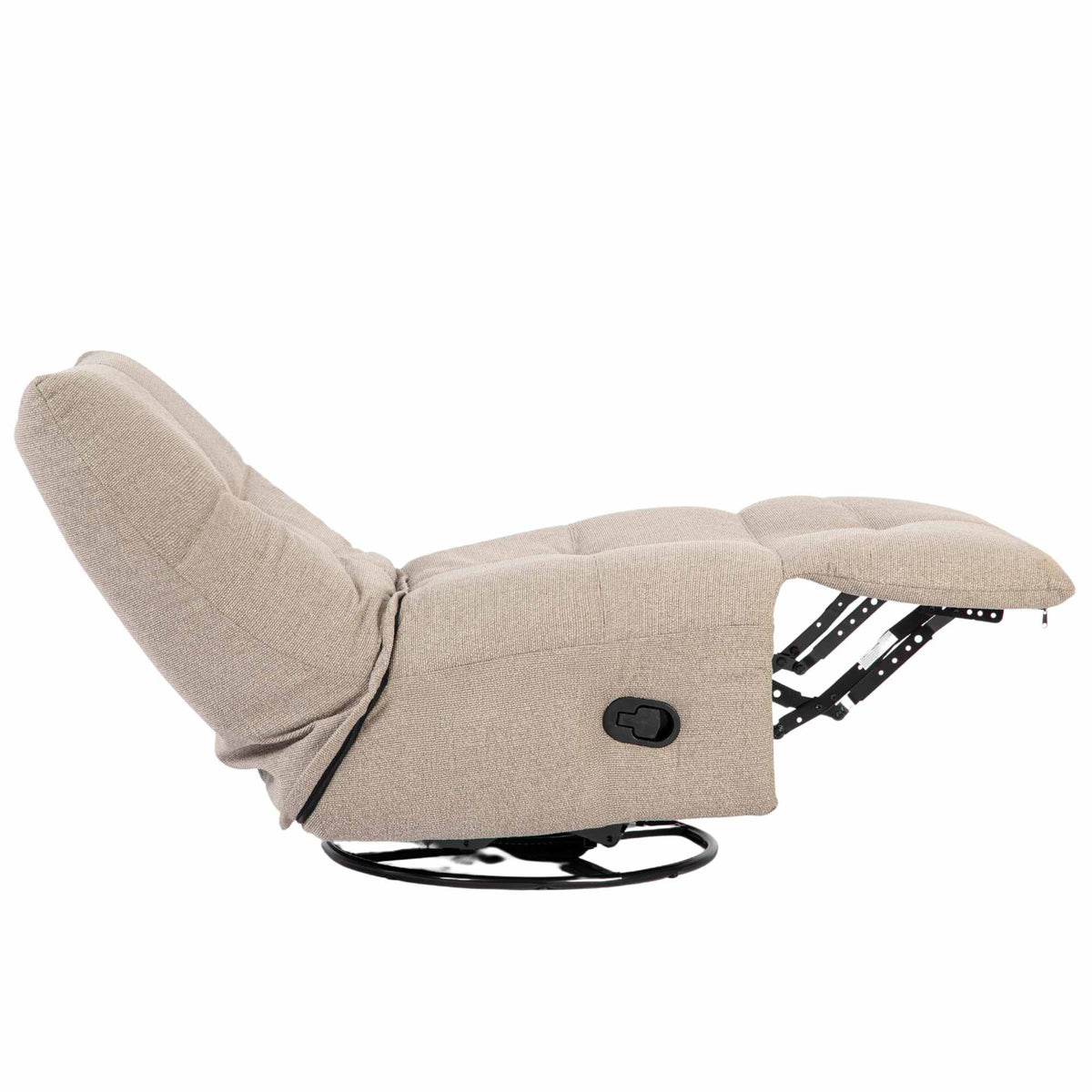Taupe relaxfauteuil in half-ligstand, gestoffeerde armleuningen en zwart draaiplateau
