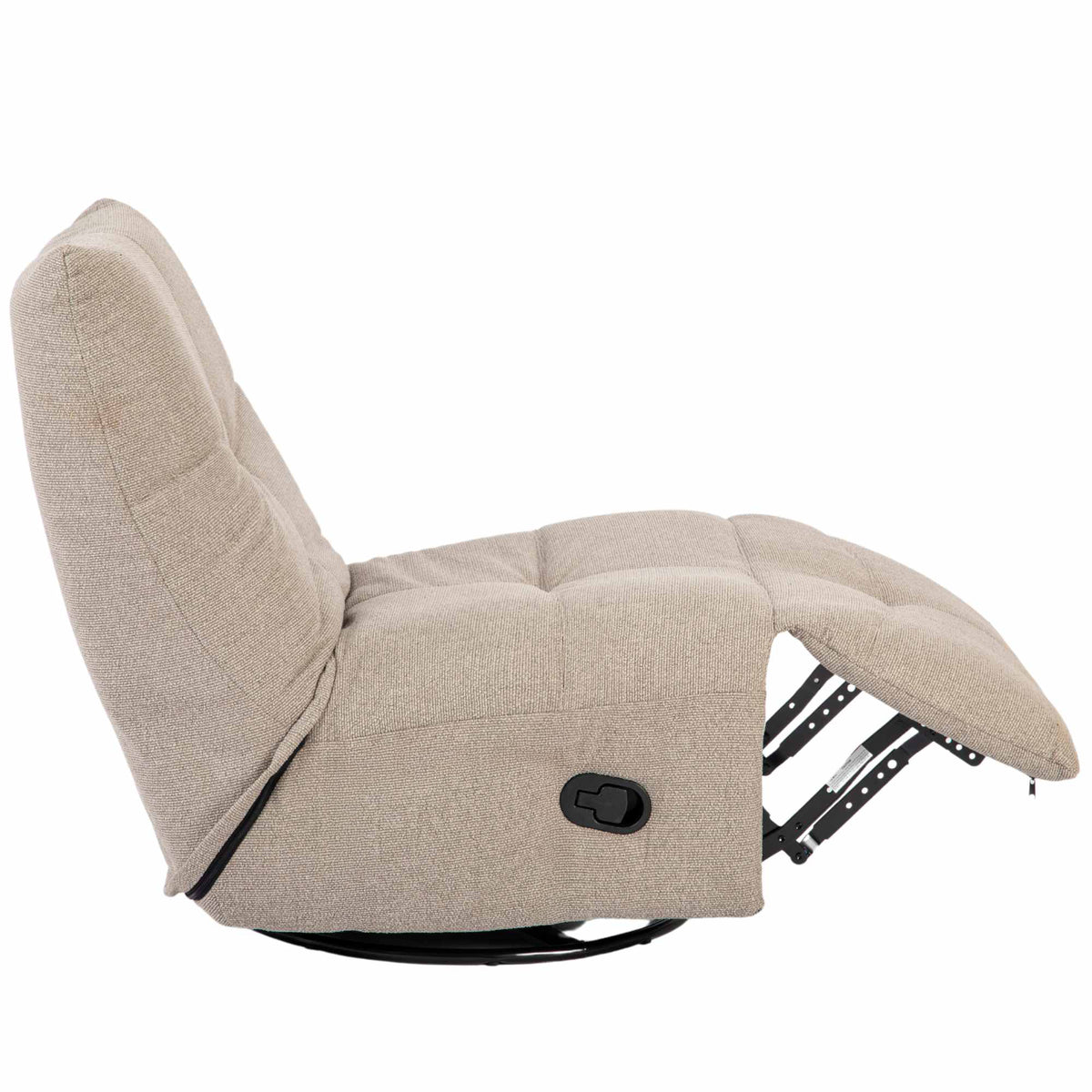 Taupe relaxfauteuil met opklapbare rugleuning, zwarte basis en ronde voetbeugel