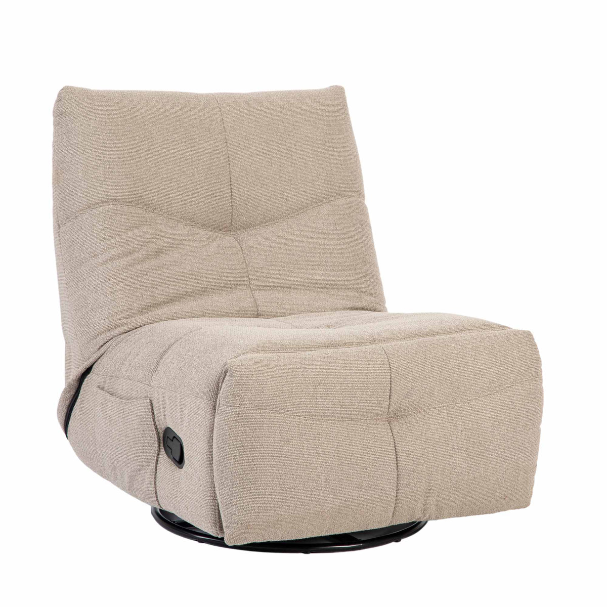 Taupe relaxfauteuil in ligstand, gestoffeerde zijkant en afgeronde armleuning