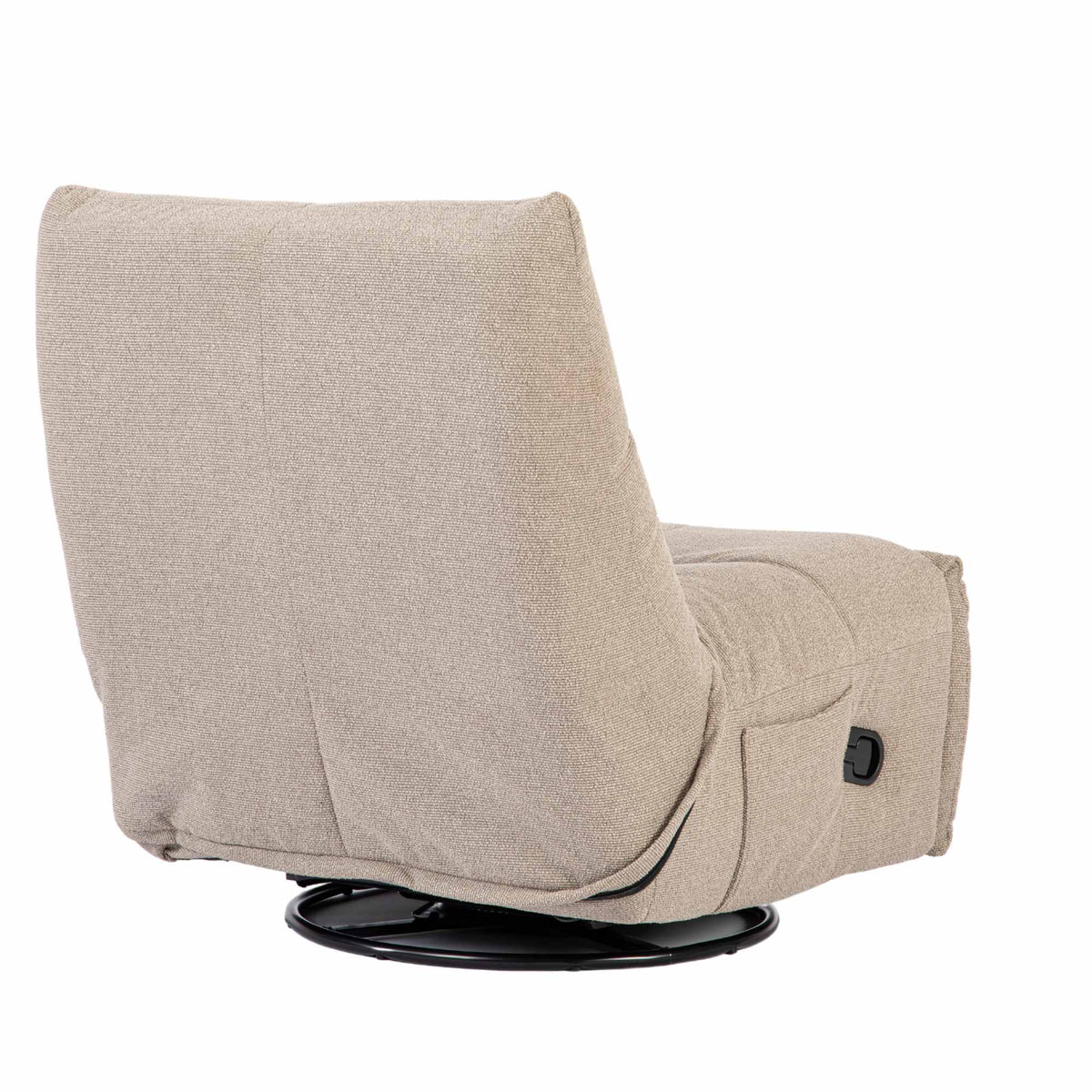Taupe relaxfauteuil met zijkantbediening, afgeronde rug en zwarte draaibasis