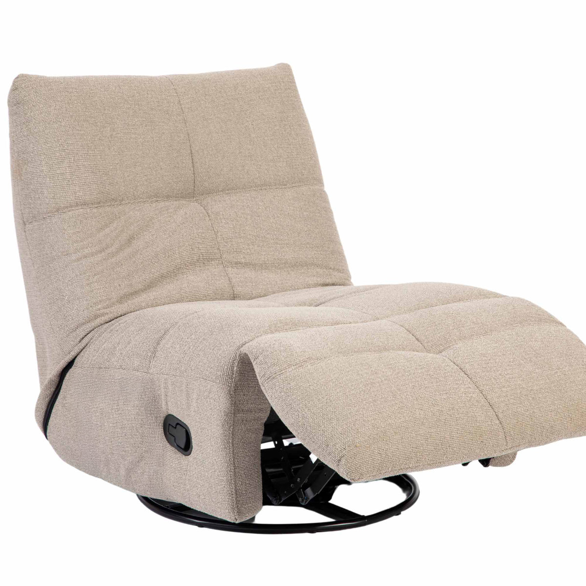 Taupe relaxfauteuil in ligstand met zijbediening, voetensteun en zwarte draaibasis