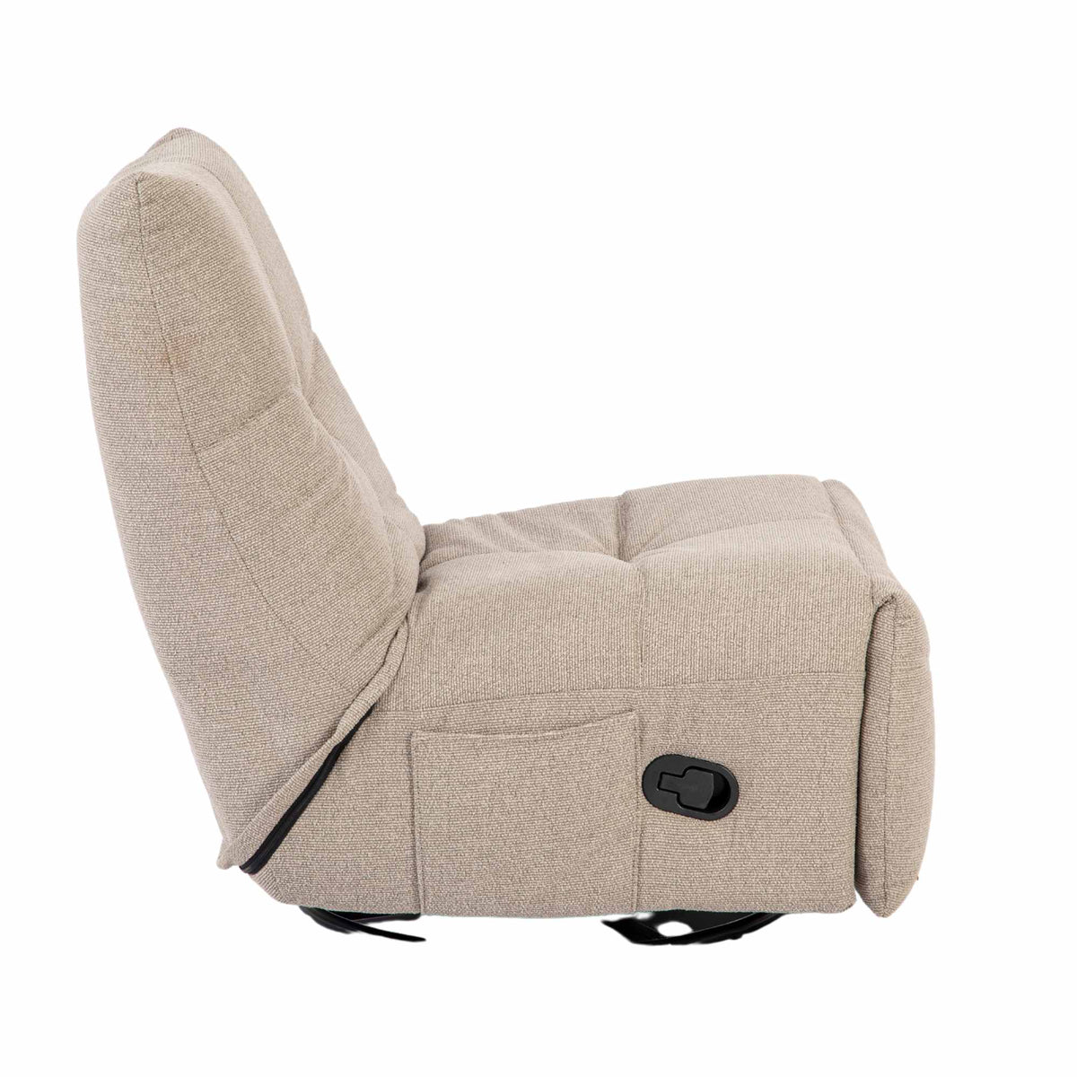 Taupe relaxfauteuil met opklapbare voetensteun, ronde arm en zwarte onderstelring