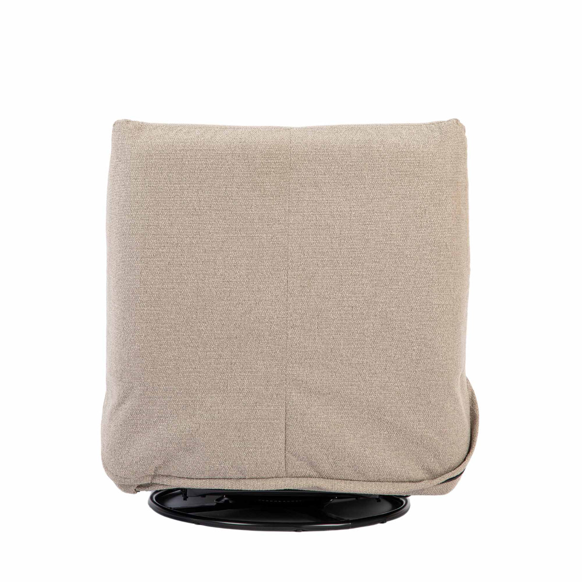 Taupe relaxfauteuil achteraanzicht met hoge rugvulling en zwarte draaibasis