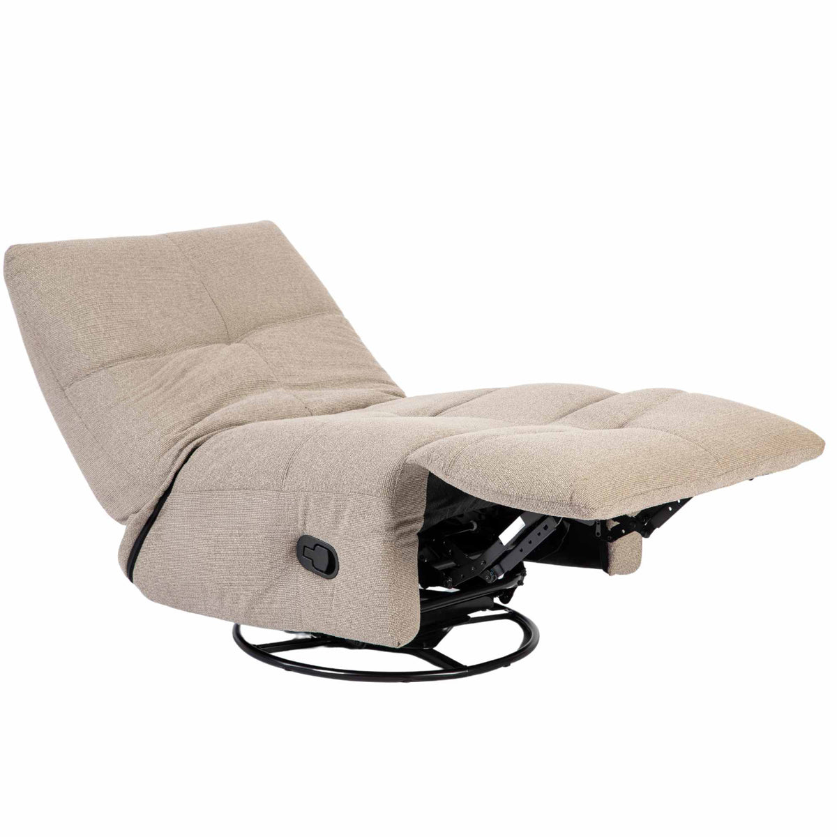 Taupe relaxfauteuil in ligstand met hoofdsteunkussen, zijbediening en zwarte basis