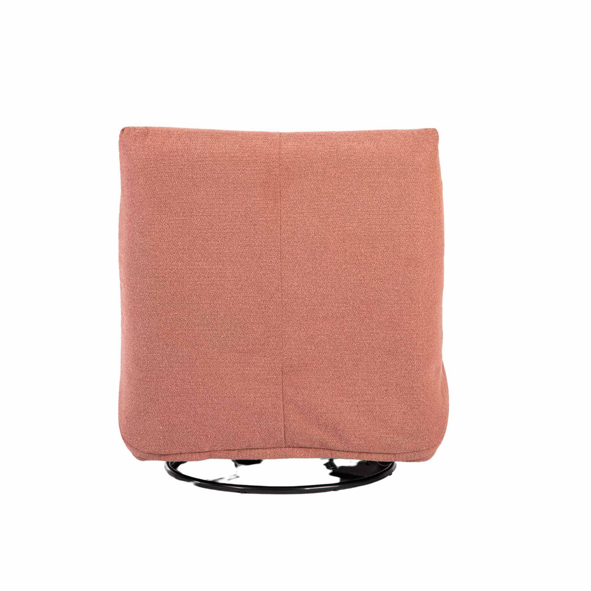 Roze relaxfauteuil aan de achterzijde, gewatteerde rug en draaivoet.