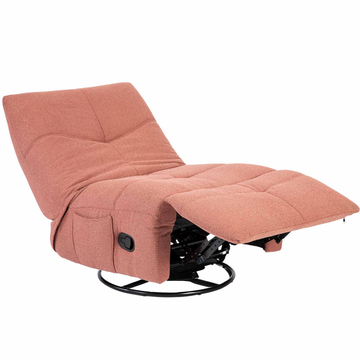 Roze relaxfauteuil met voetensteun uitgeschoven en kantelbare rugleuning.