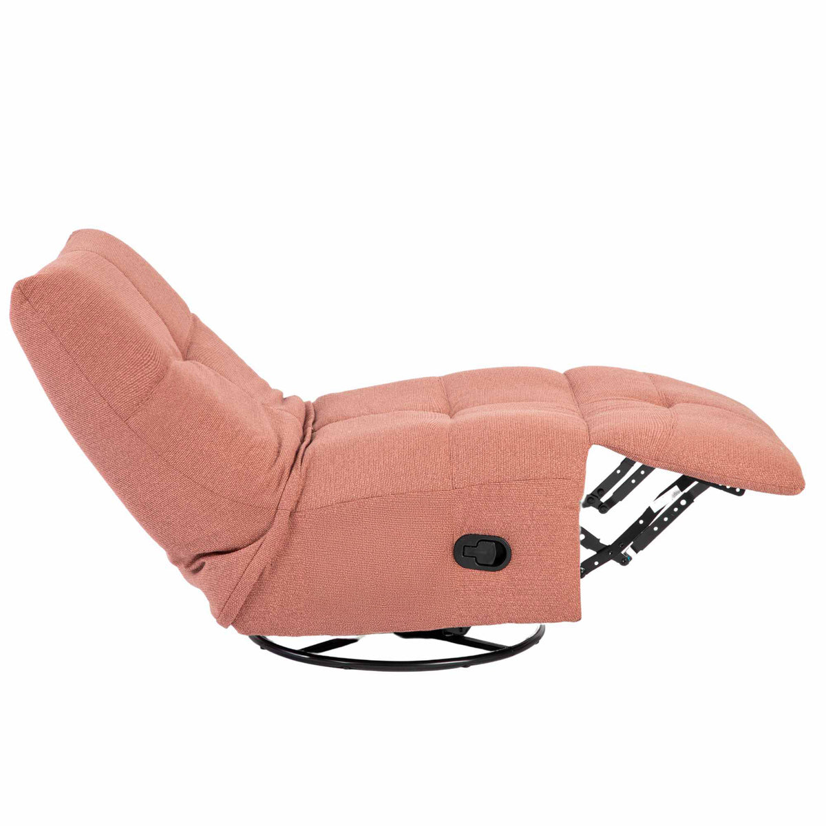 Roze relaxfauteuil in zijaanzicht met voetensteun uit en zwarte metalen onderstel.