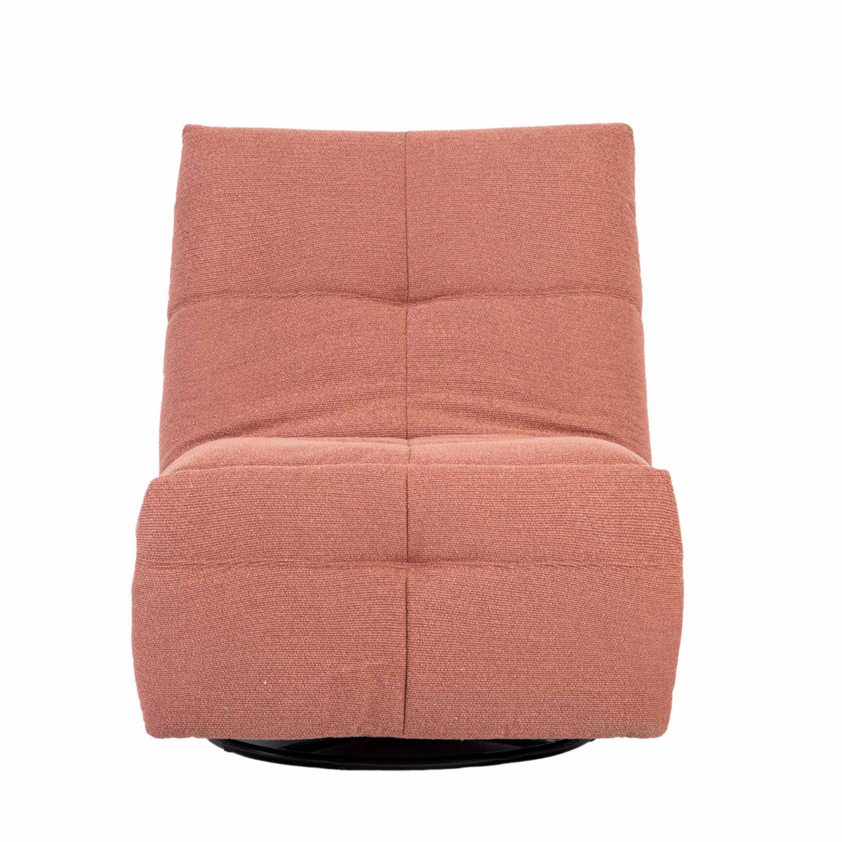Roze relaxfauteuil vooraanzicht met gestikte blokken op rug en zitting.