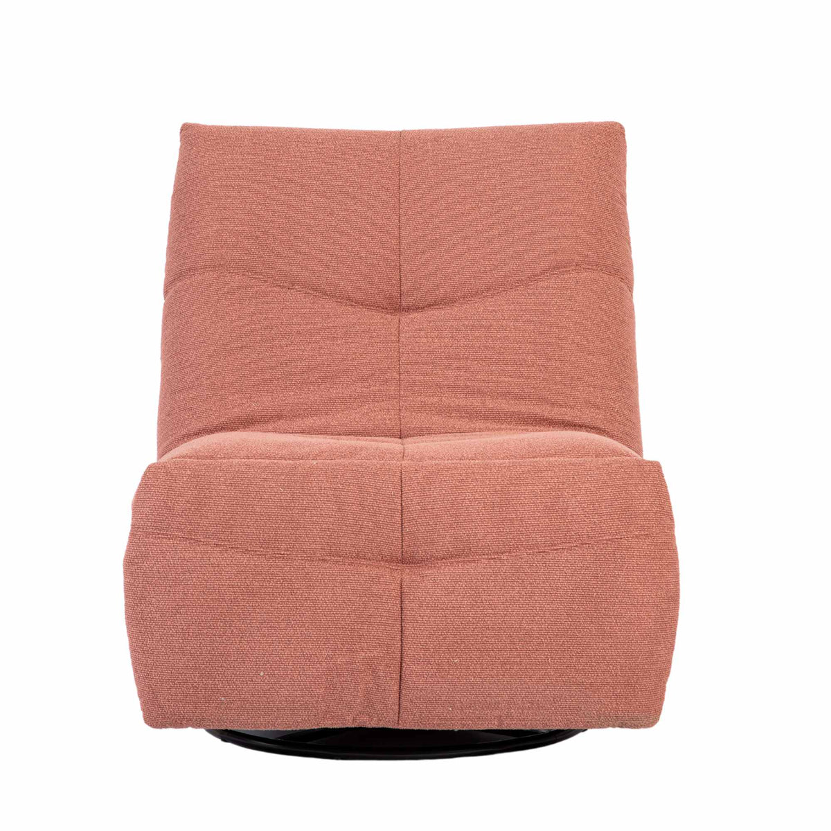 Roze relaxfauteuil aan de voorzijde met hoge rug en ronde basis.