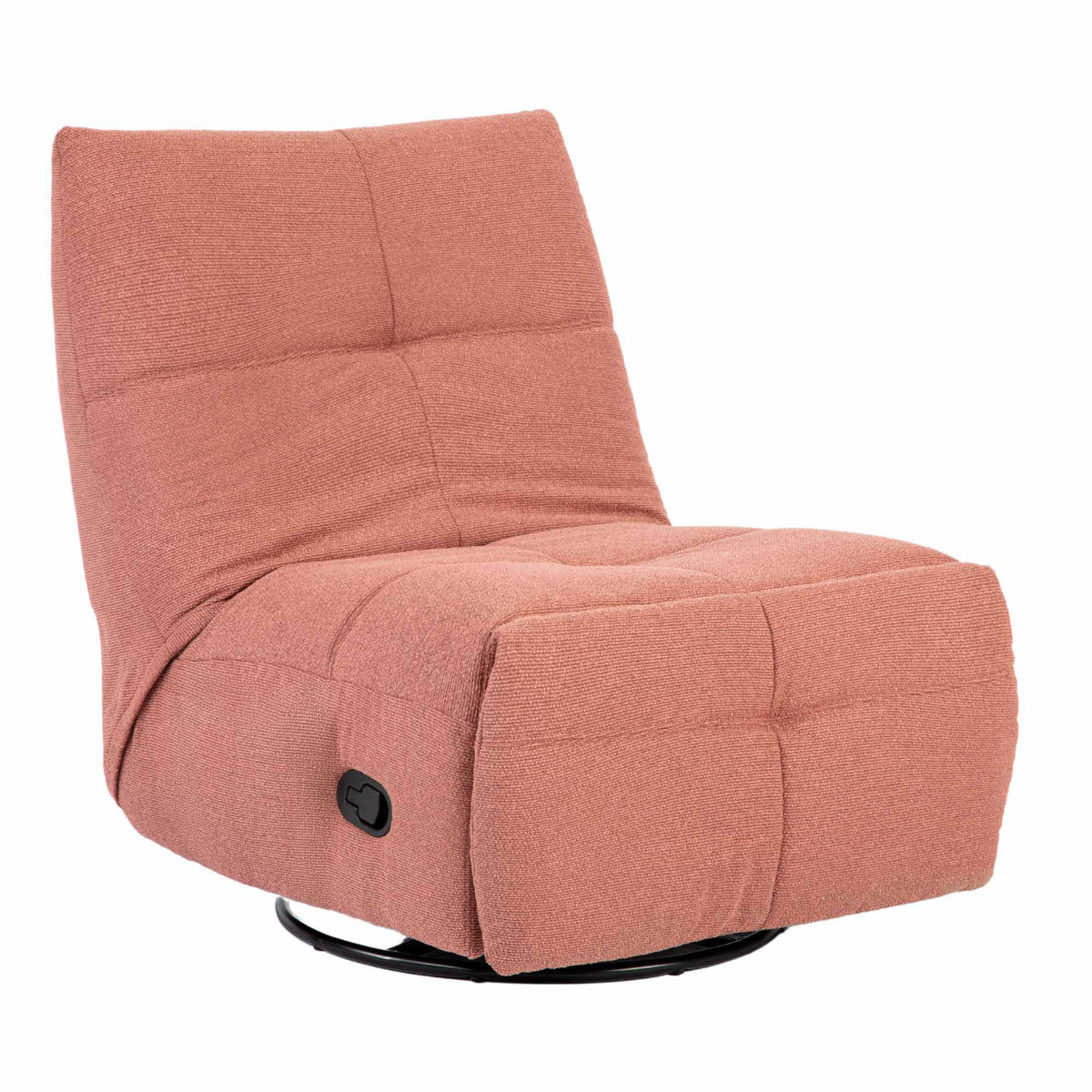 Roze relaxfauteuil in zijaanzicht met knop op de armleuning en opklapfunctie.