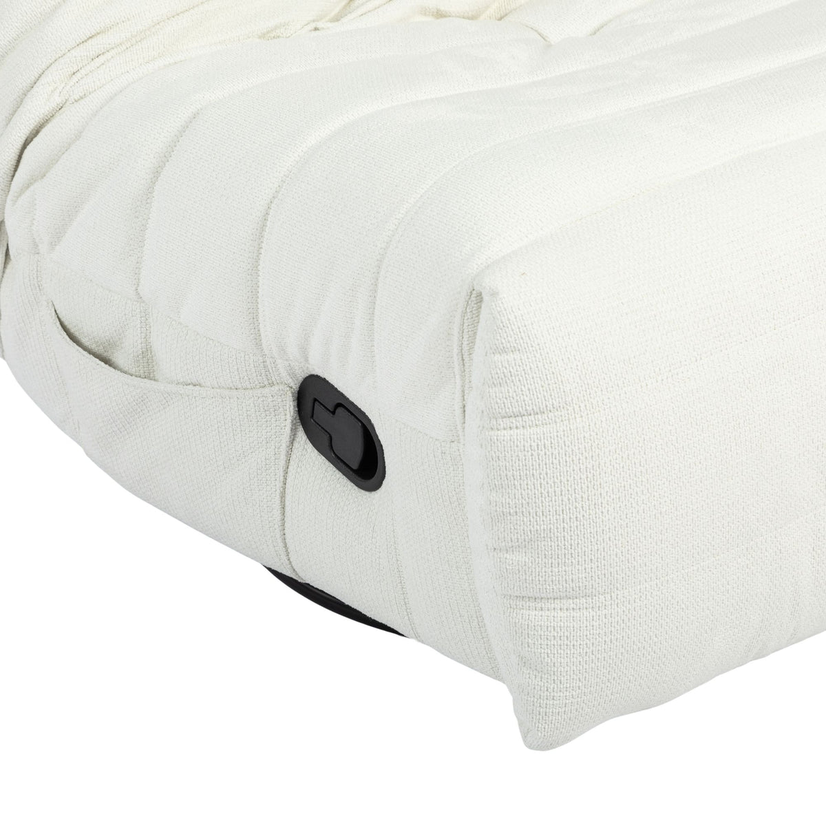 Zijaanzicht relaxfauteuil met lichtgekleurde bekleding en zwarte bedieningsknop