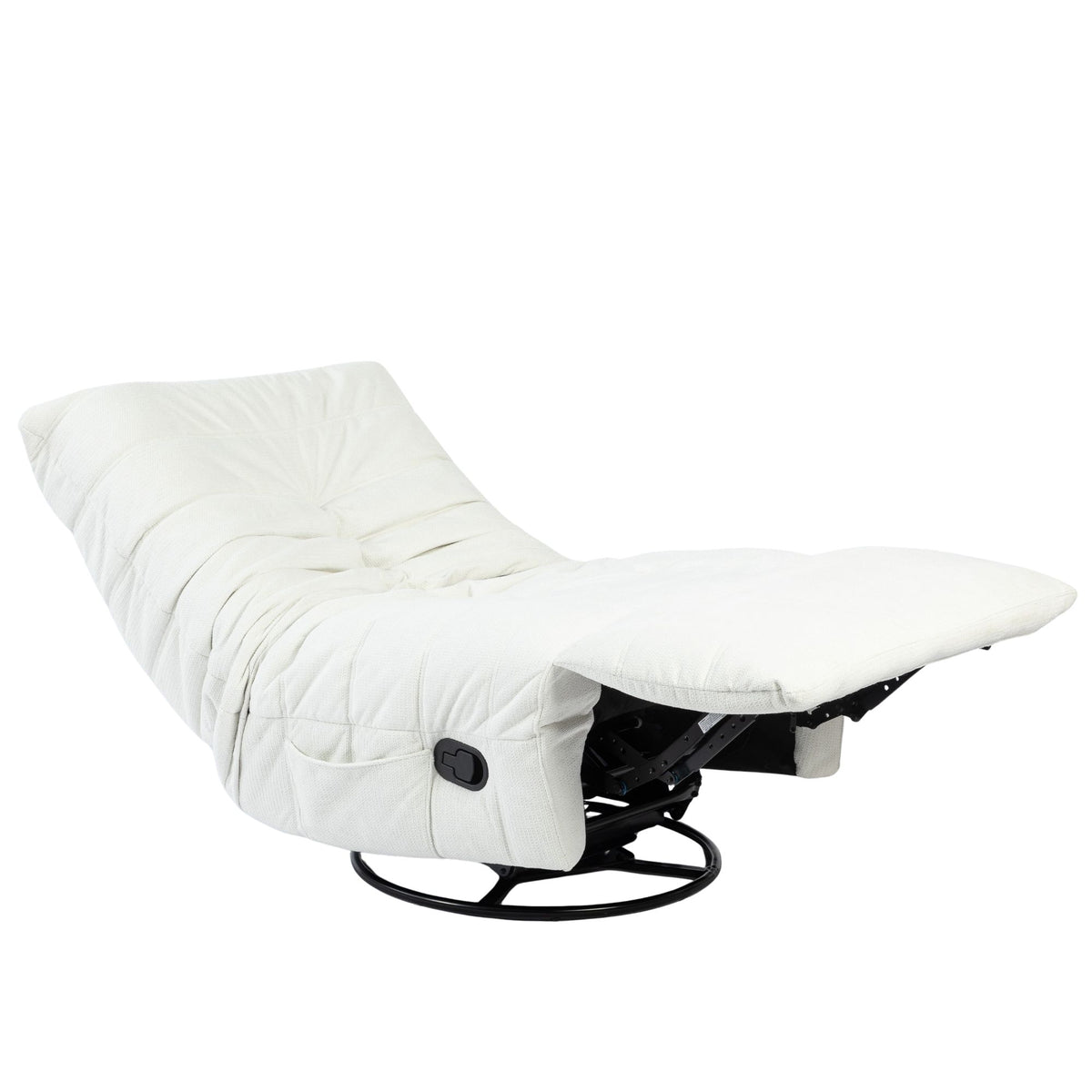 Relaxfauteuil volledig open met lichtgekleurde bekleding en zwart onderstel