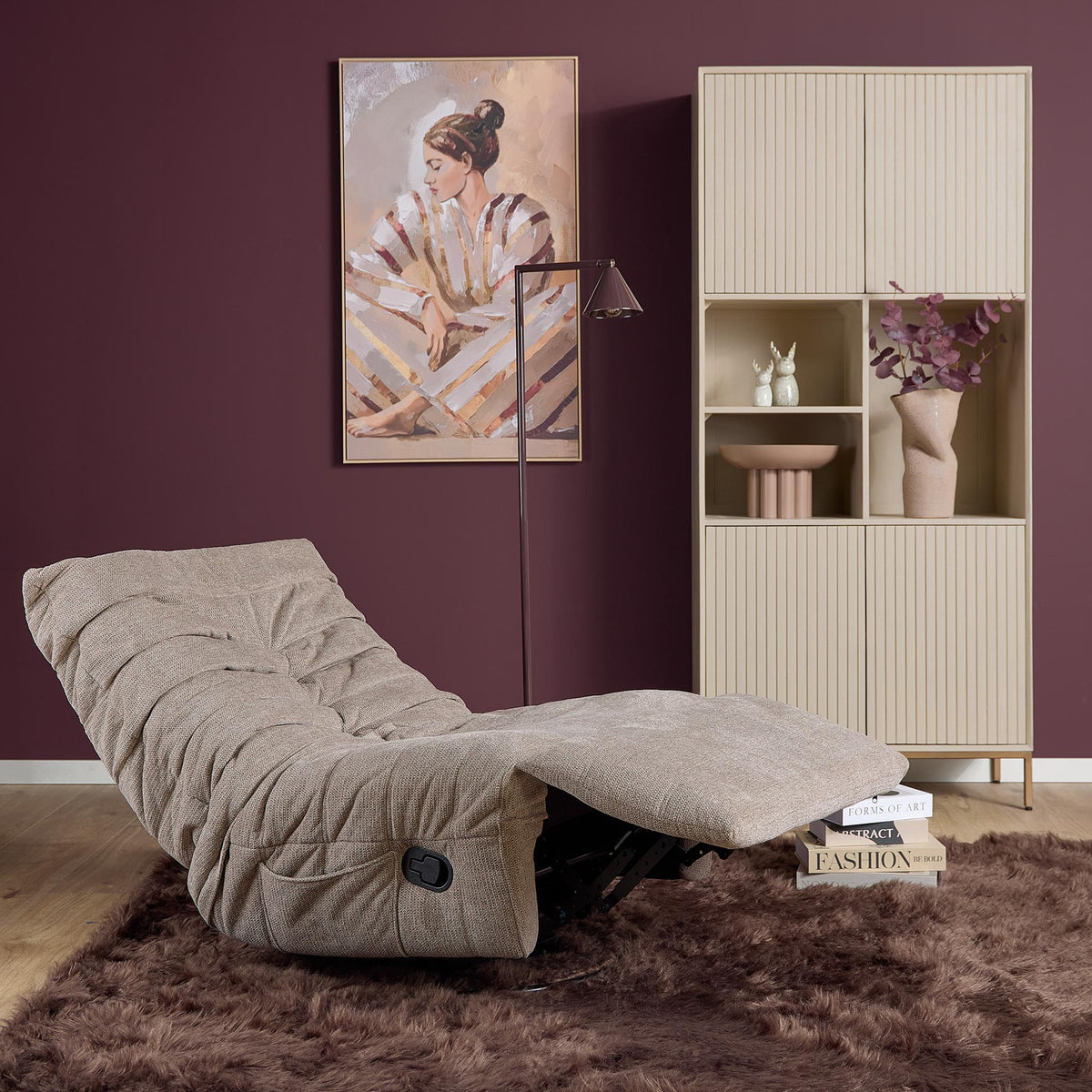 Relaxfauteuil Zen taupe: ligstand met voetsteun omhoog, gewatteerde zitting en rug