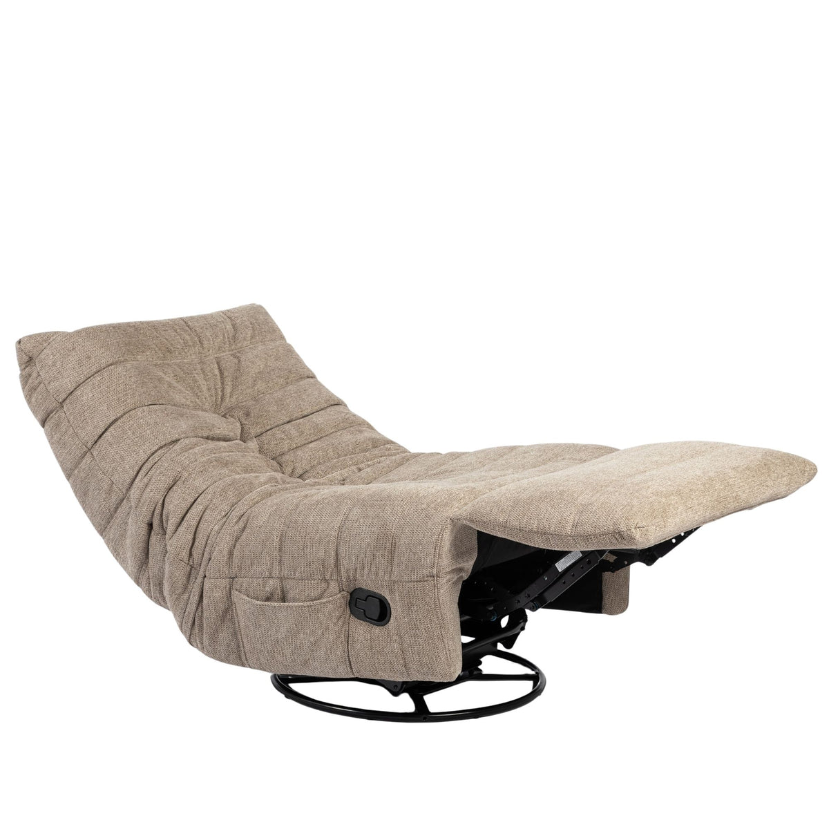 Relaxfauteuil Zen taupe: open ligstand met uitklapbare voetsteun en zwarte onderstelbeugel