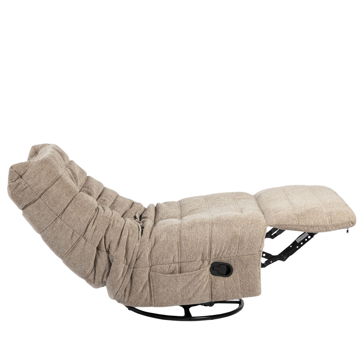 Relaxfauteuil Zen taupe: zijaanzicht in ligstand, zwarte bediening en metalen onderstel zichtbaar
