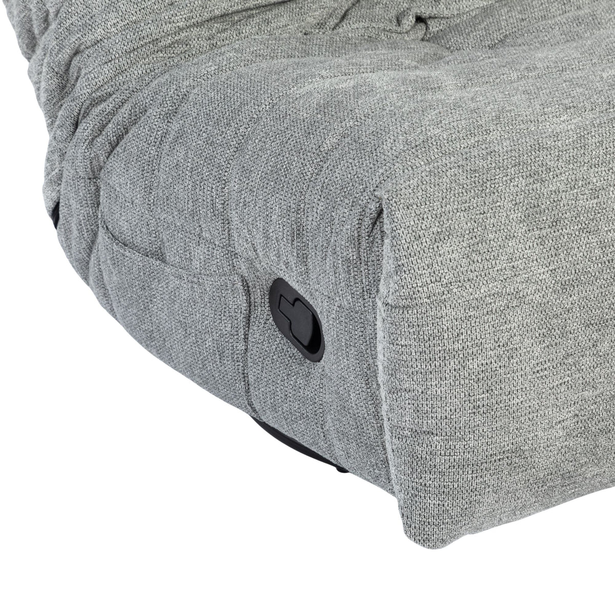 Grijze relaxfauteuil met gebogen armleuning en zwarte bedieningshandgreep