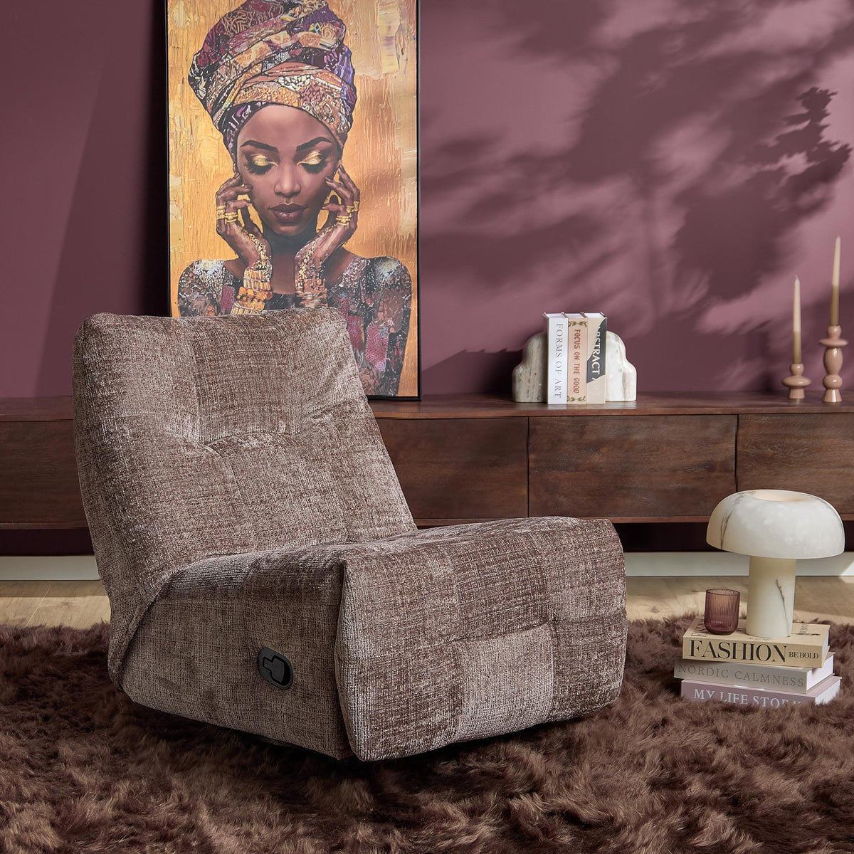 Relaxfauteuil Chill | Klei in grijsbruine stof met verstelbare voetensteun en armleuning