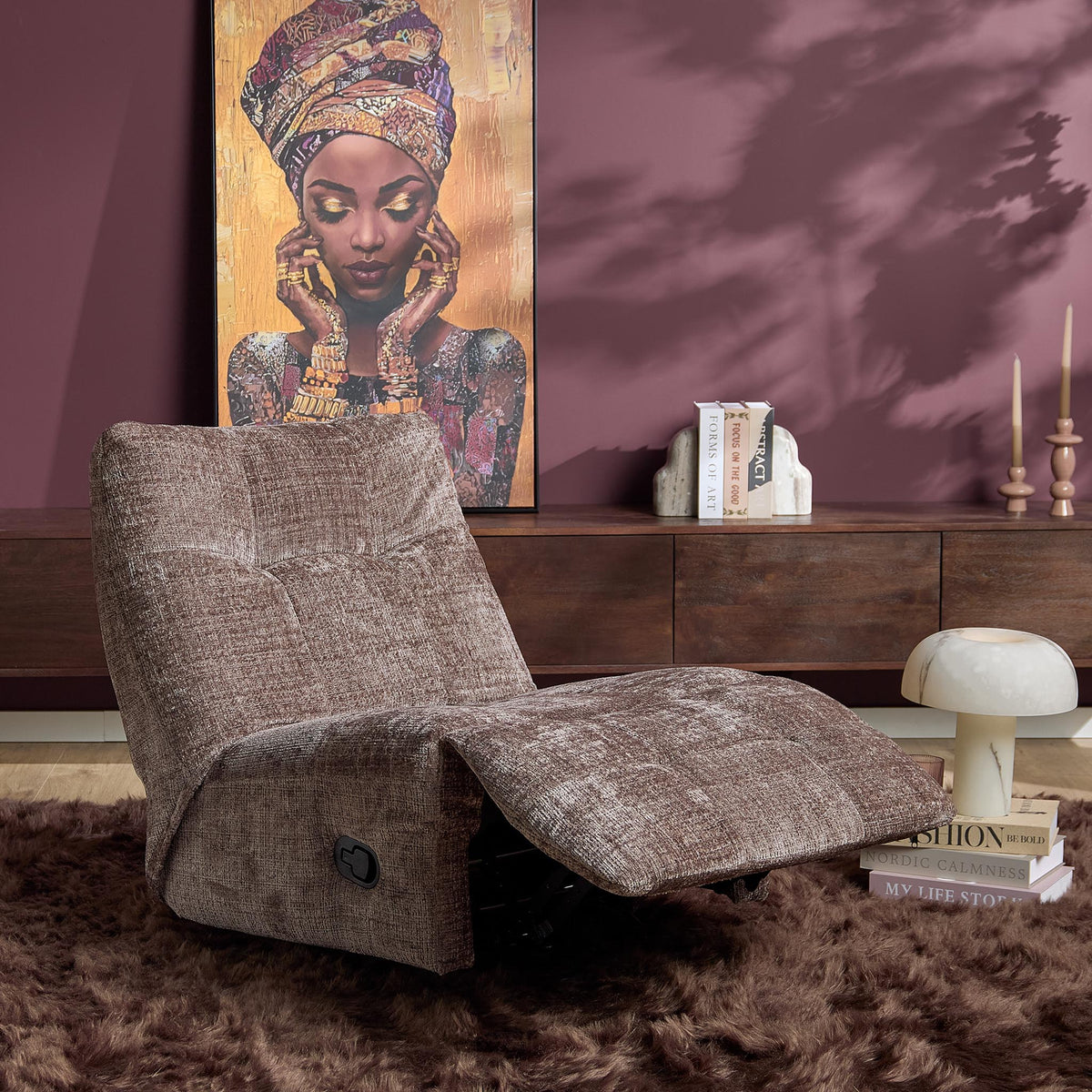 Relaxfauteuil Chill | Klei in grijsbruine stof, halfopen houding met voetensteun
