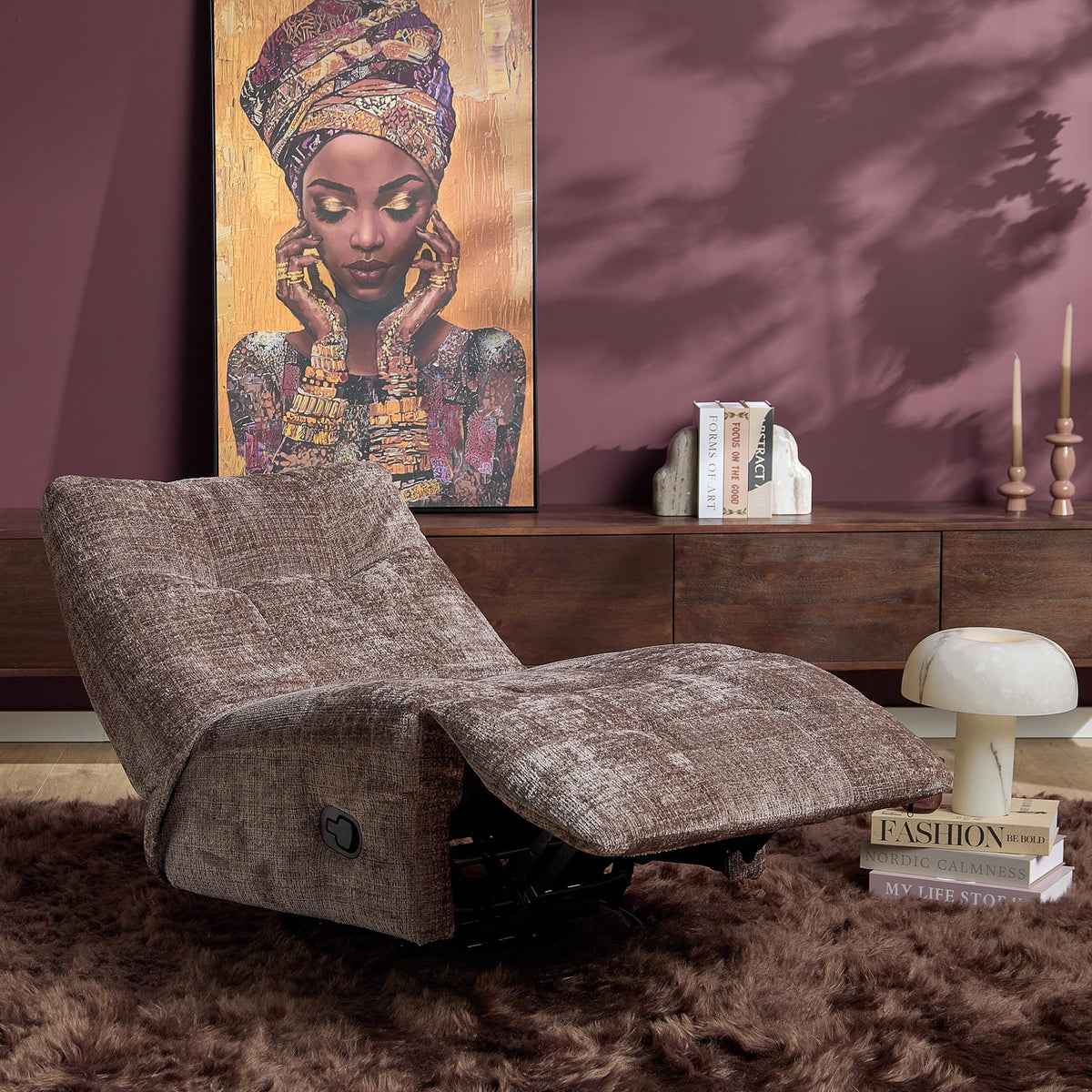Relaxfauteuil Chill | Klei in grijsbruine stof met uitgeschoven voetensteun