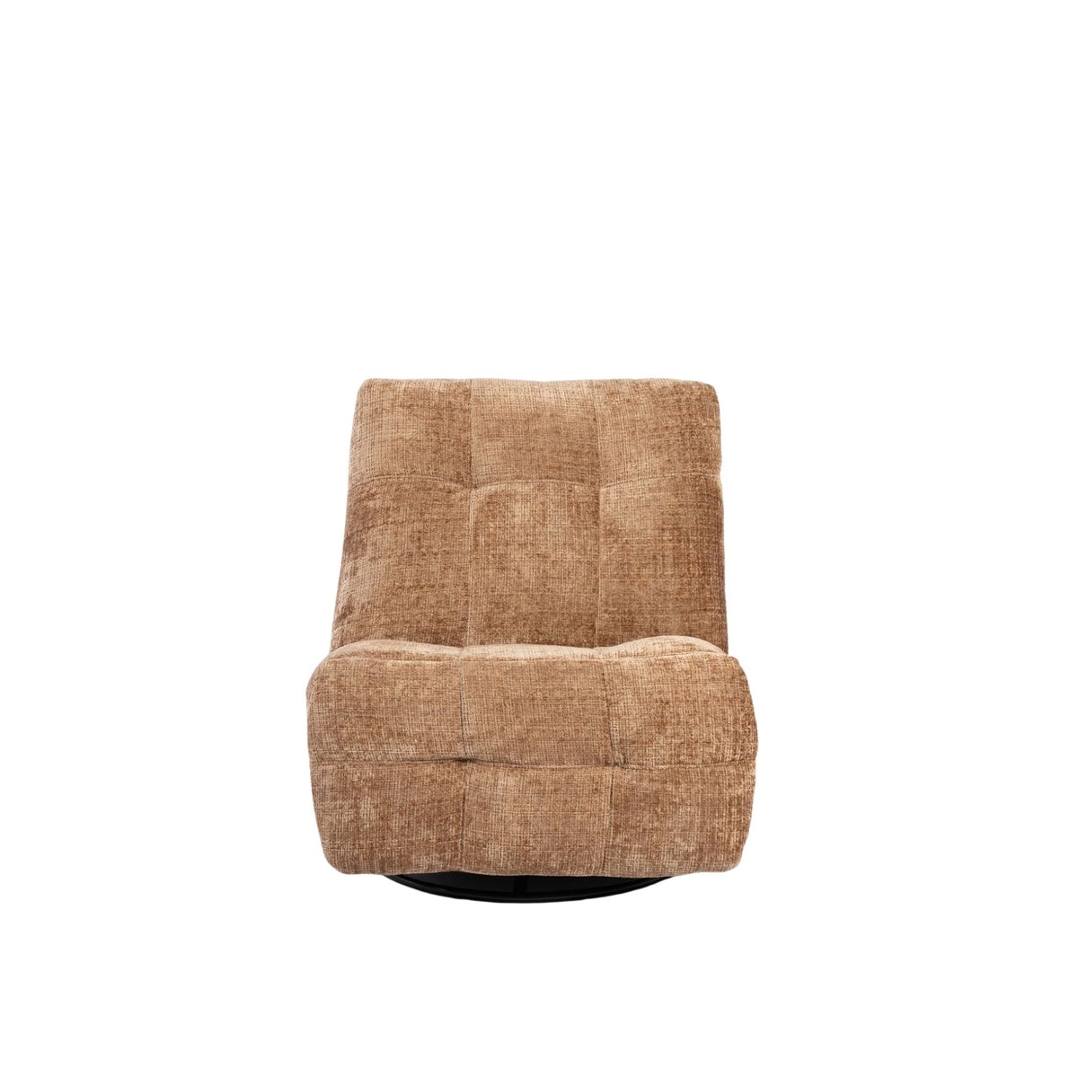 Kaneel relaxfauteuil, bruin gestoffeerd met hoge rug en ronde draaibasis.