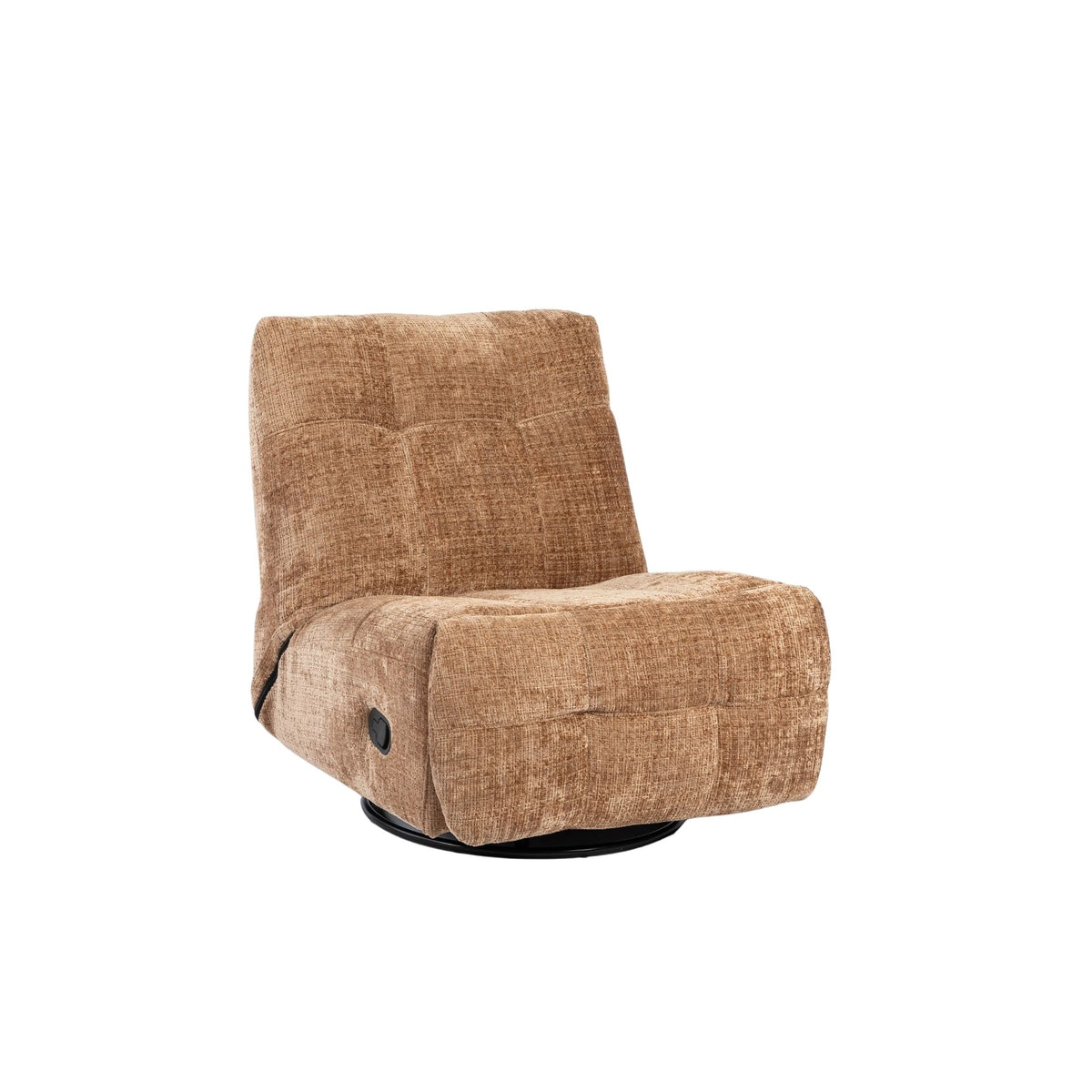 Bruine Kaneel relaxfauteuil met opgetilde zitting, zwarte onderrand en draaibasis.