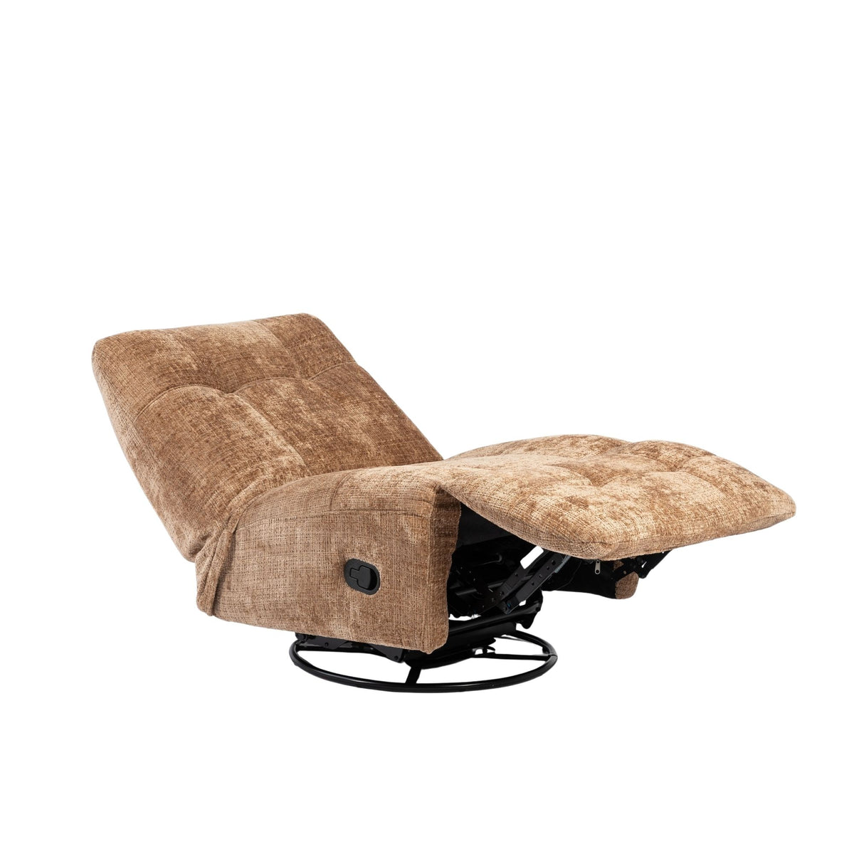 Kaneel relaxfauteuil met voetensteun omhoog, bruin textiel en metalen verstelmechanisme zichtbaar.