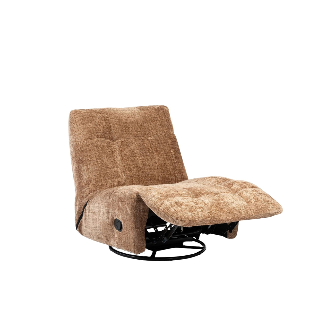 Bruine Kaneel relaxfauteuil met open stand, voetensteun en ronde zwarte onderstelbasis.