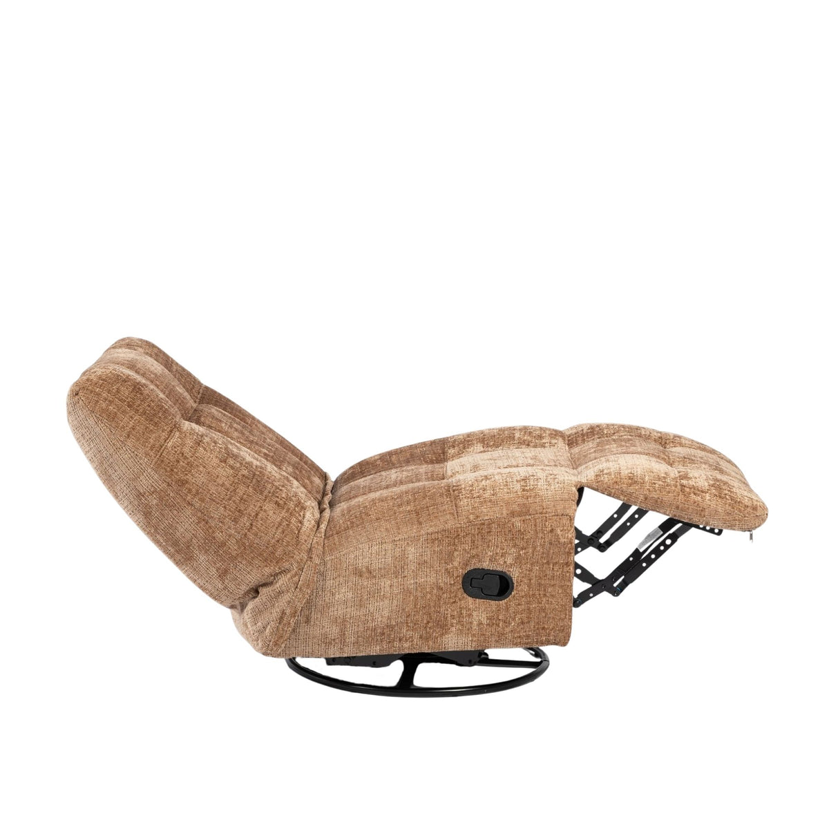 Kaneel relaxfauteuil zijaanzicht met uitgeklapte voetensteun en afgeronde, gevoerde arm.