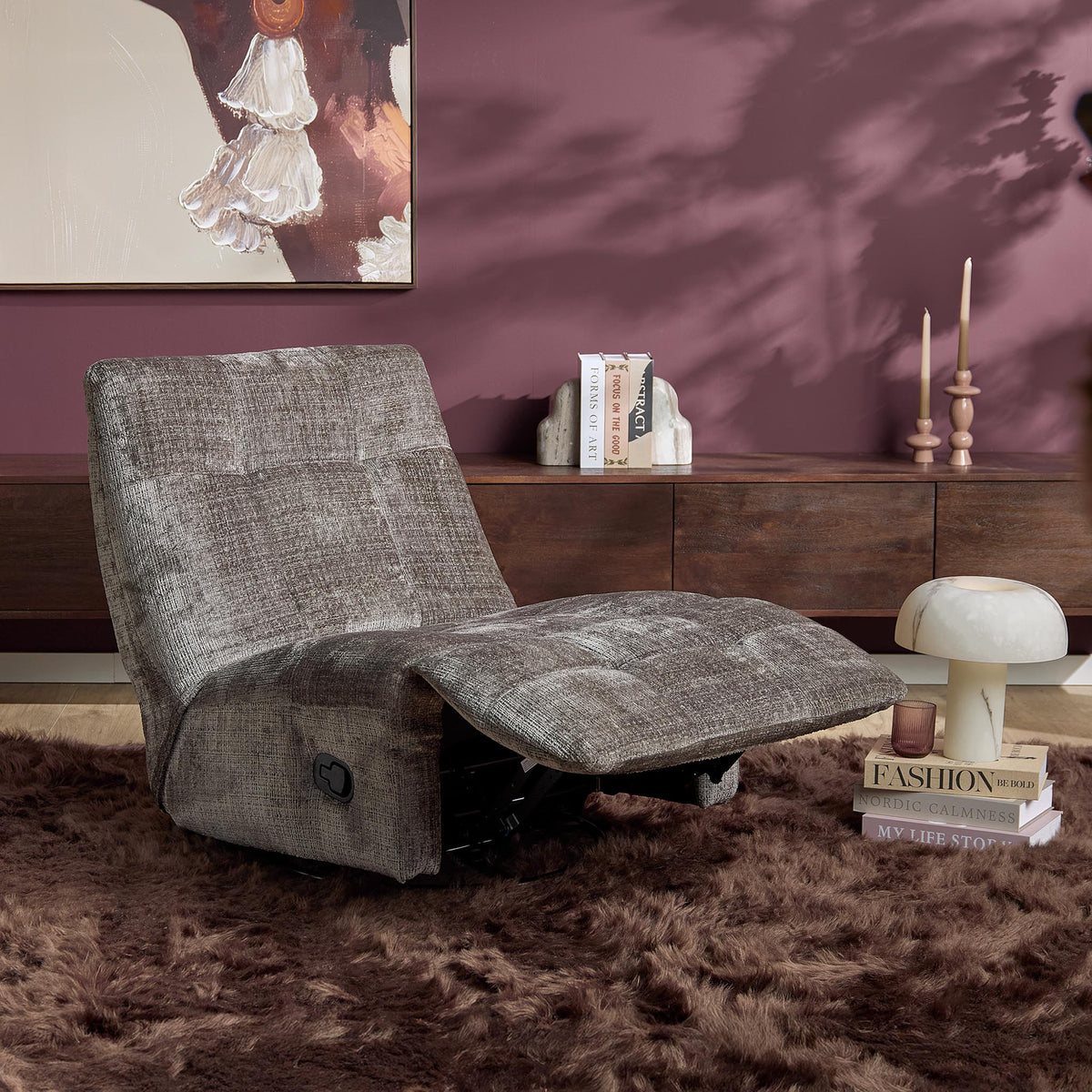 Grijze relaxfauteuil met neerklapbare voetensteun en gestoffeerde zitting